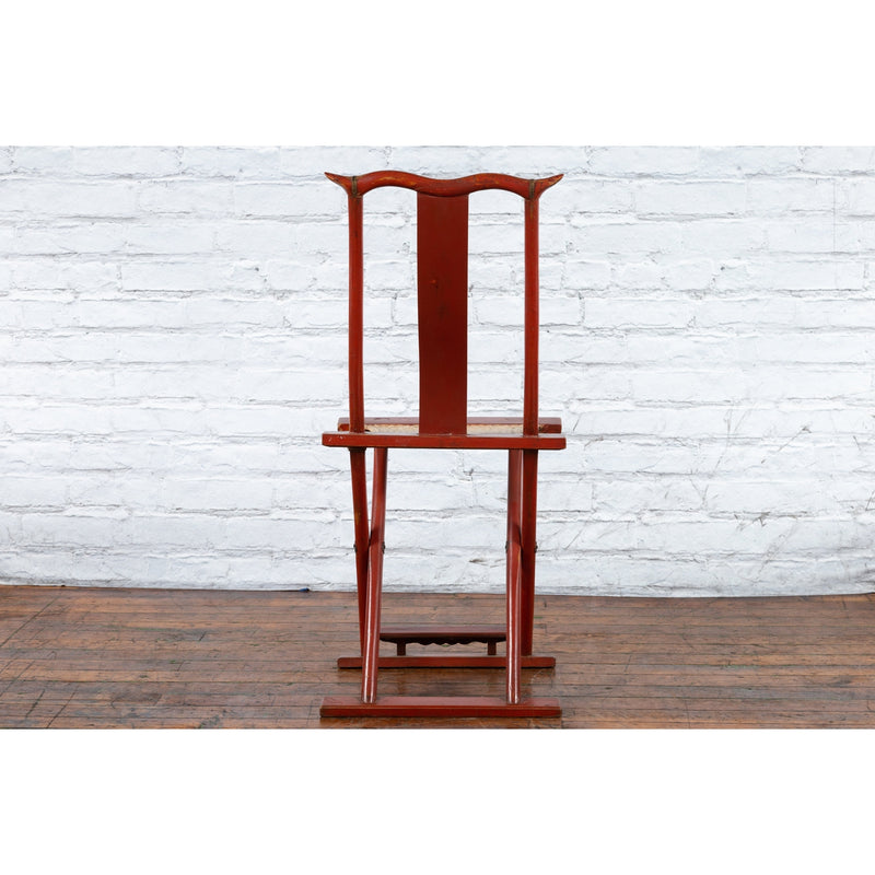 Chinese Early 20th Century Red Lacquer Traveller's Folding Chair with Woven Seat-12. Asian & Chinese Furniture, Art, Antiques, Vintage Home Décor for sale at FEA Home