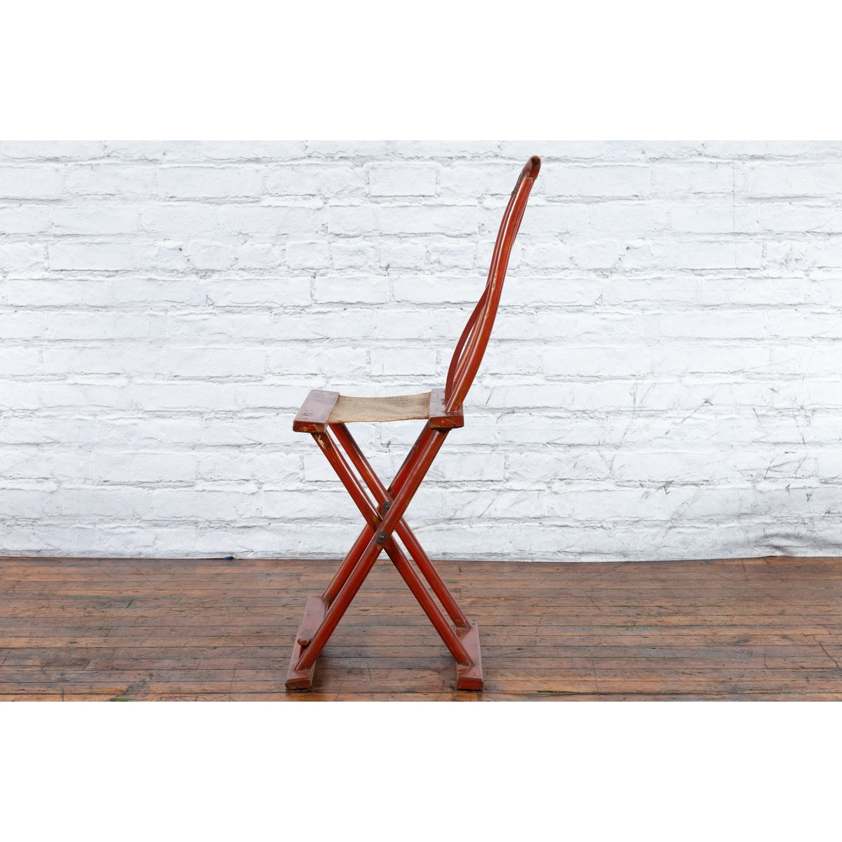 Chinese Early 20th Century Red Lacquer Traveller&#39;s Folding Chair with Woven Seat-13. Asian &amp; Chinese Furniture, Art, Antiques, Vintage Home Décor for sale at FEA Home