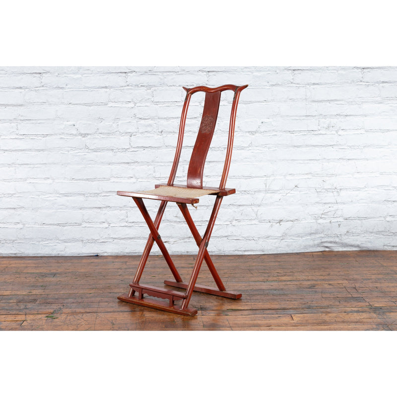 Chinese Early 20th Century Red Lacquer Traveller's Folding Chair with Woven Seat-14. Asian & Chinese Furniture, Art, Antiques, Vintage Home Décor for sale at FEA Home