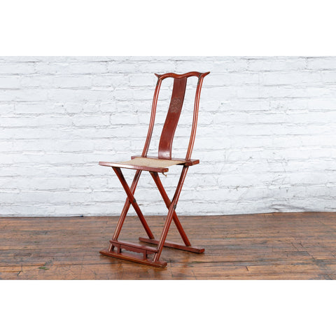 Chinese Early 20th Century Red Lacquer Traveller's Folding Chair with Woven Seat-14. Asian & Chinese Furniture, Art, Antiques, Vintage Home Décor for sale at FEA Home