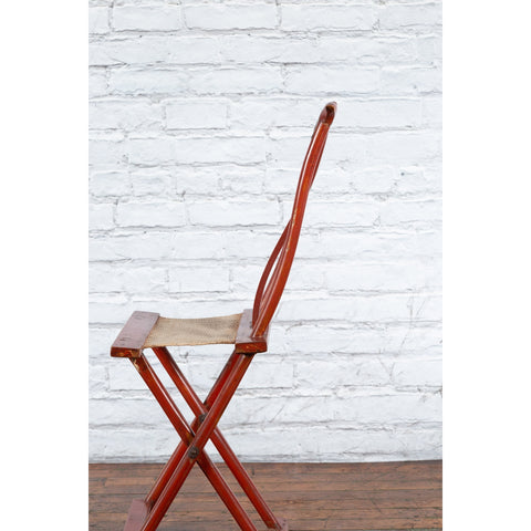 Chinese Early 20th Century Red Lacquer Traveller's Folding Chair with Woven Seat-15. Asian & Chinese Furniture, Art, Antiques, Vintage Home Décor for sale at FEA Home