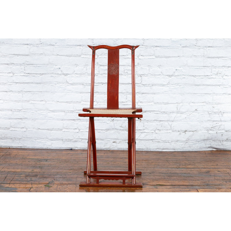 Chinese Early 20th Century Red Lacquer Traveller's Folding Chair with Woven Seat-2. Asian & Chinese Furniture, Art, Antiques, Vintage Home Décor for sale at FEA Home