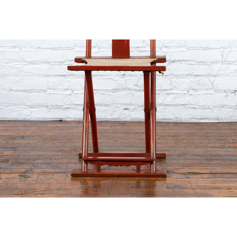 Chinese Early 20th Century Red Lacquer Traveller's Folding Chair with Woven Seat-4. Asian & Chinese Furniture, Art, Antiques, Vintage Home Décor for sale at FEA Home