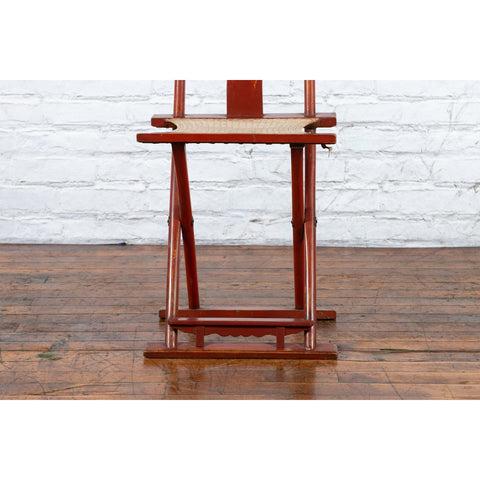 Chinese Early 20th Century Red Lacquer Traveller's Folding Chair with Woven Seat-4. Asian & Chinese Furniture, Art, Antiques, Vintage Home Décor for sale at FEA Home