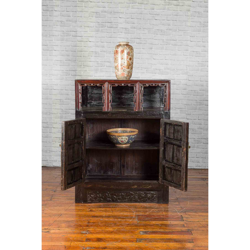 Chinese Qing Dynasty Period 19th Century Cabinet with Original Brown Lacquer