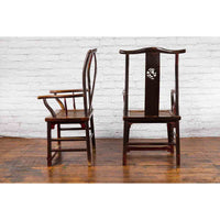 Pair of Chinese Qing Dynasty 19th Century Yoke Back Armchairs with Rattan Seats