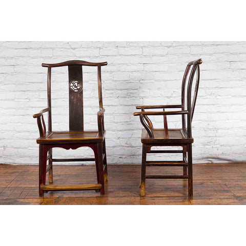 Pair of Chinese Qing Dynasty 19th Century Yoke Back Armchairs with Rattan Seats-YN1873-10. Asian & Chinese Furniture, Art, Antiques, Vintage Home Décor for sale at FEA Home