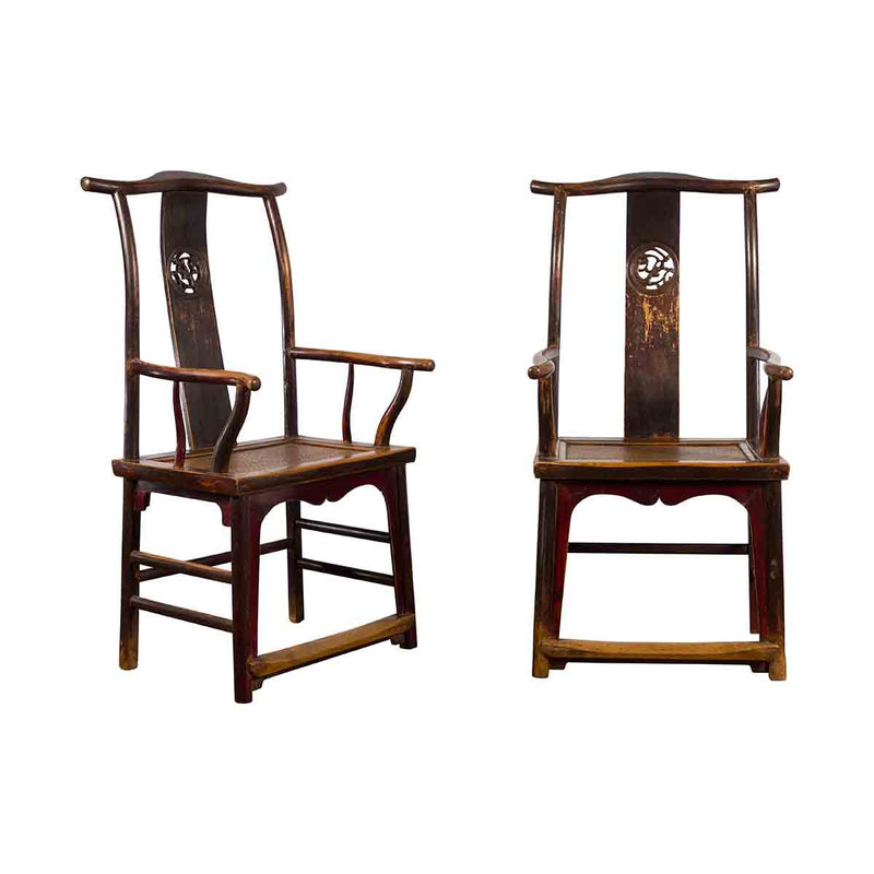 Pair of Chinese Qing Dynasty 19th Century Yoke Back Armchairs with Rattan Seats-YN1873-1. Asian & Chinese Furniture, Art, Antiques, Vintage Home Décor for sale at FEA Home