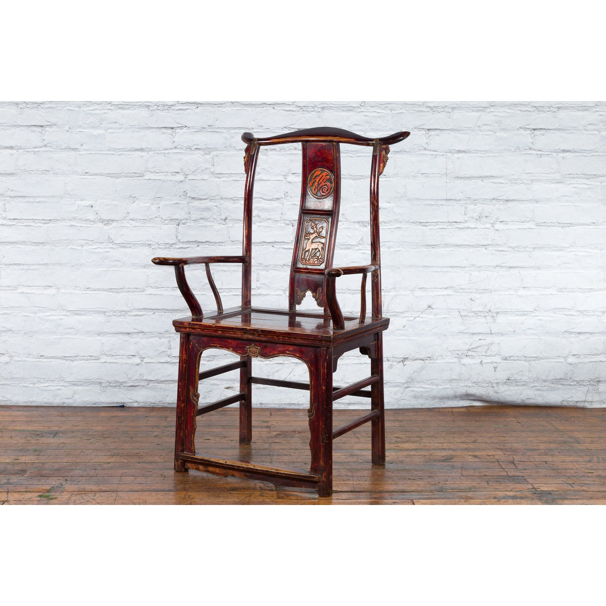Chinese 19th Century Qing Dynasty Yoke Back Armchair with Carved Medallions-17. Asian &amp; Chinese Furniture, Art, Antiques, Vintage Home Décor for sale at FEA Home