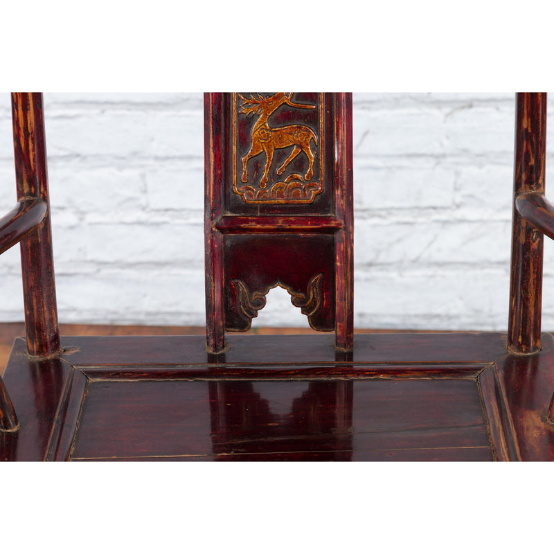 Chinese 19th Century Qing Dynasty Yoke Back Armchair with Carved Medallions - Antique Chinese and Vintage Asian Furniture for Sale at FEA Home