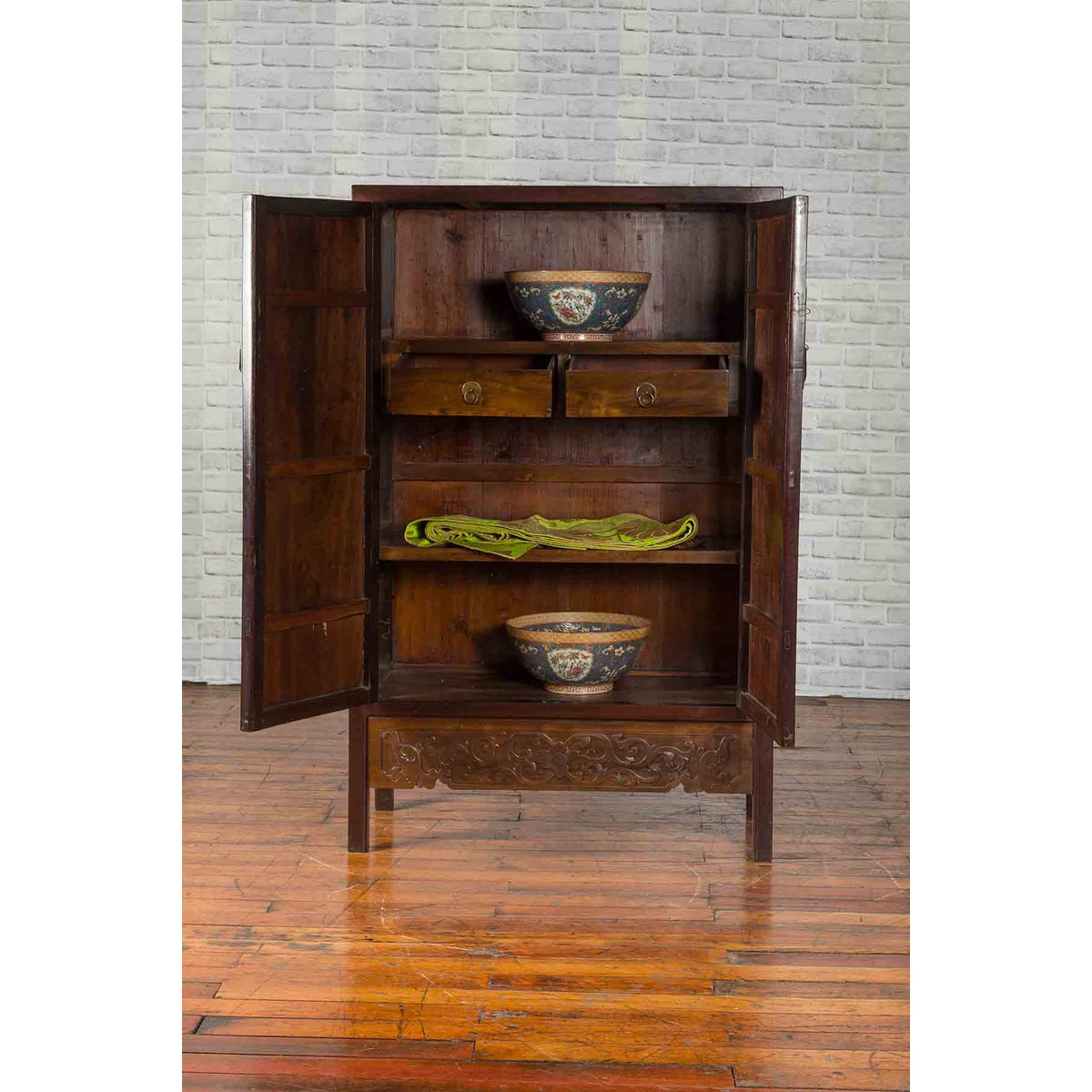 Chinese Two-Toned Early 20th Century Cabinet with Carved Apron and Inner Drawers-3. Asian &amp; Chinese Furniture, Art, Antiques, Vintage Home Décor for sale at FEA Home