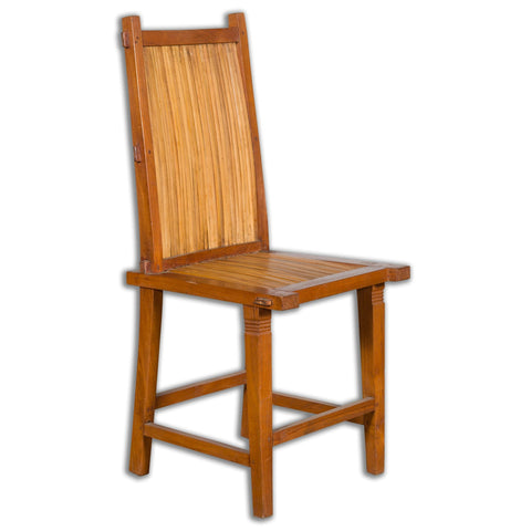 Rustic Javanese Vintage Wooden Side Chair with Slatted Bamboo Back and Seat