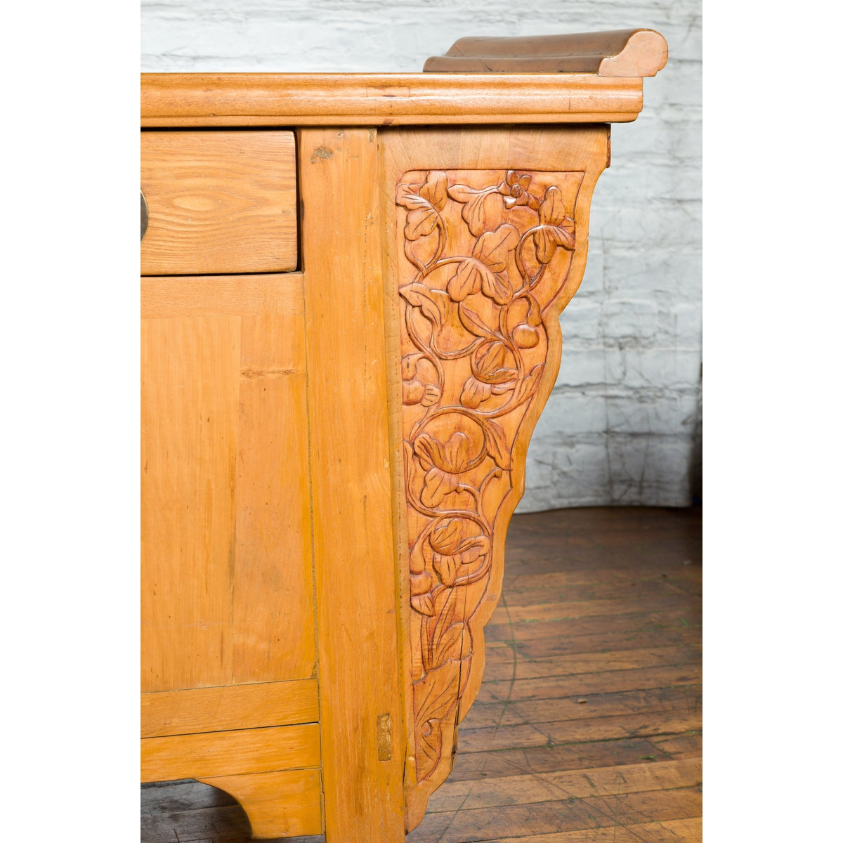Qing Dynasty 19th Century Natural Wood Sideboard with Large Carved Spandrels-14. Asian &amp; Chinese Furniture, Art, Antiques, Vintage Home Décor for sale at FEA Home