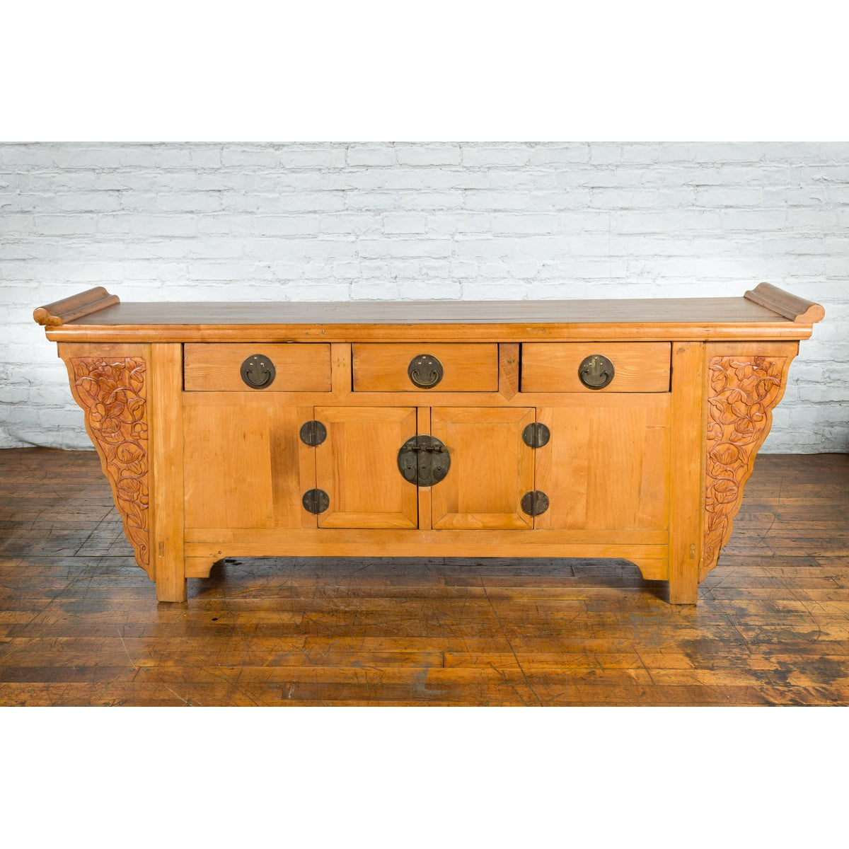 Qing Dynasty 19th Century Natural Wood Sideboard with Large Carved Spandrels-2. Asian & Chinese Furniture, Art, Antiques, Vintage Home Décor for sale at FEA Home