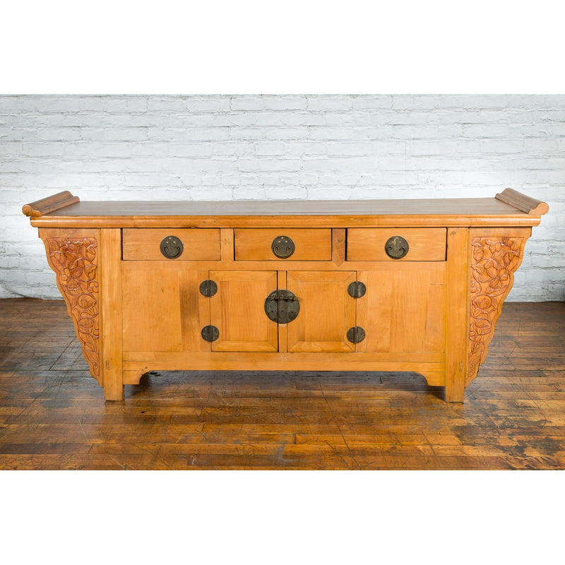 Qing Dynasty 19th Century Natural Wood Sideboard with Large Carved Spandrels-YN1895-2. Asian & Chinese Furniture, Art, Antiques, Vintage Home Décor for sale at FEA Home