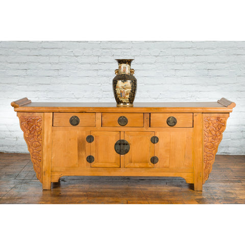 Qing Dynasty 19th Century Natural Wood Sideboard with Large Carved Spandrels-YN1895-3. Asian & Chinese Furniture, Art, Antiques, Vintage Home Décor for sale at FEA Home
