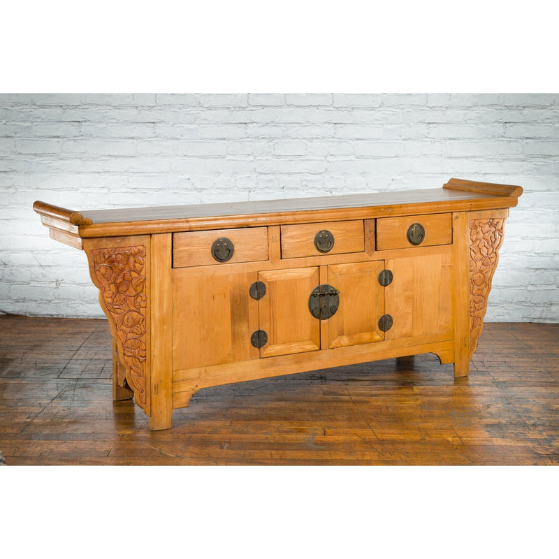 Qing Dynasty 19th Century Natural Wood Sideboard with Large Carved Spandrels-YN1895-5. Asian & Chinese Furniture, Art, Antiques, Vintage Home Décor for sale at FEA Home