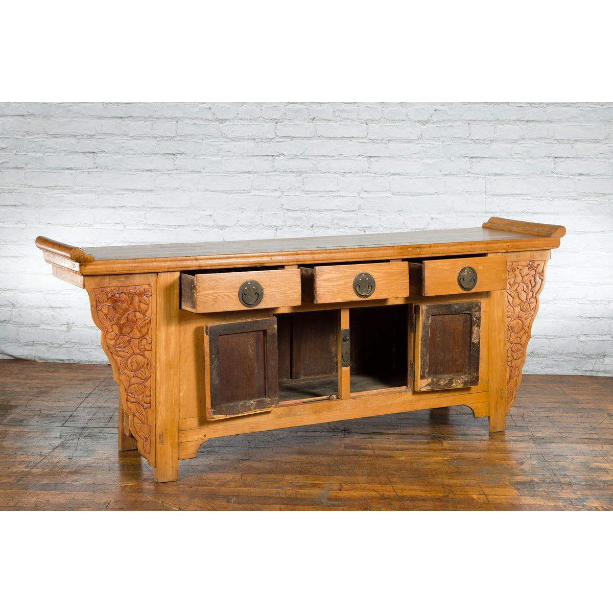 Qing Dynasty 19th Century Natural Wood Sideboard with Large Carved Spandrels-4. Asian &amp; Chinese Furniture, Art, Antiques, Vintage Home Décor for sale at FEA Home