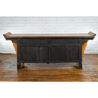 Qing Dynasty 19th Century Natural Wood Sideboard with Large Carved Spandrels