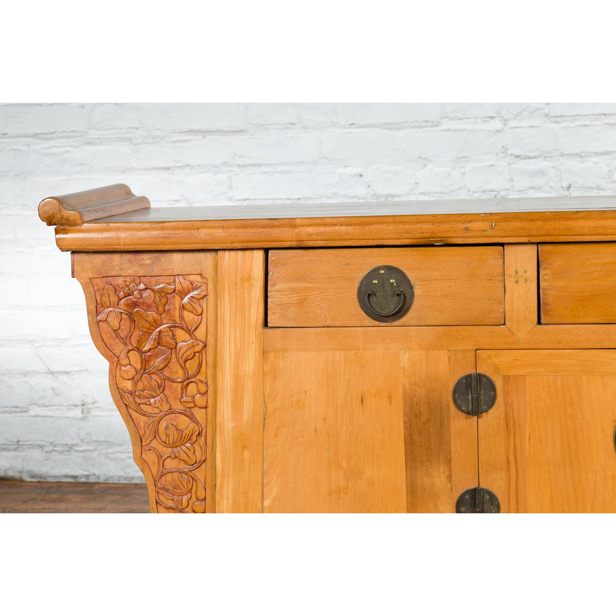 Qing Dynasty 19th Century Natural Wood Sideboard with Large Carved Spandrels-6. Asian &amp; Chinese Furniture, Art, Antiques, Vintage Home Décor for sale at FEA Home