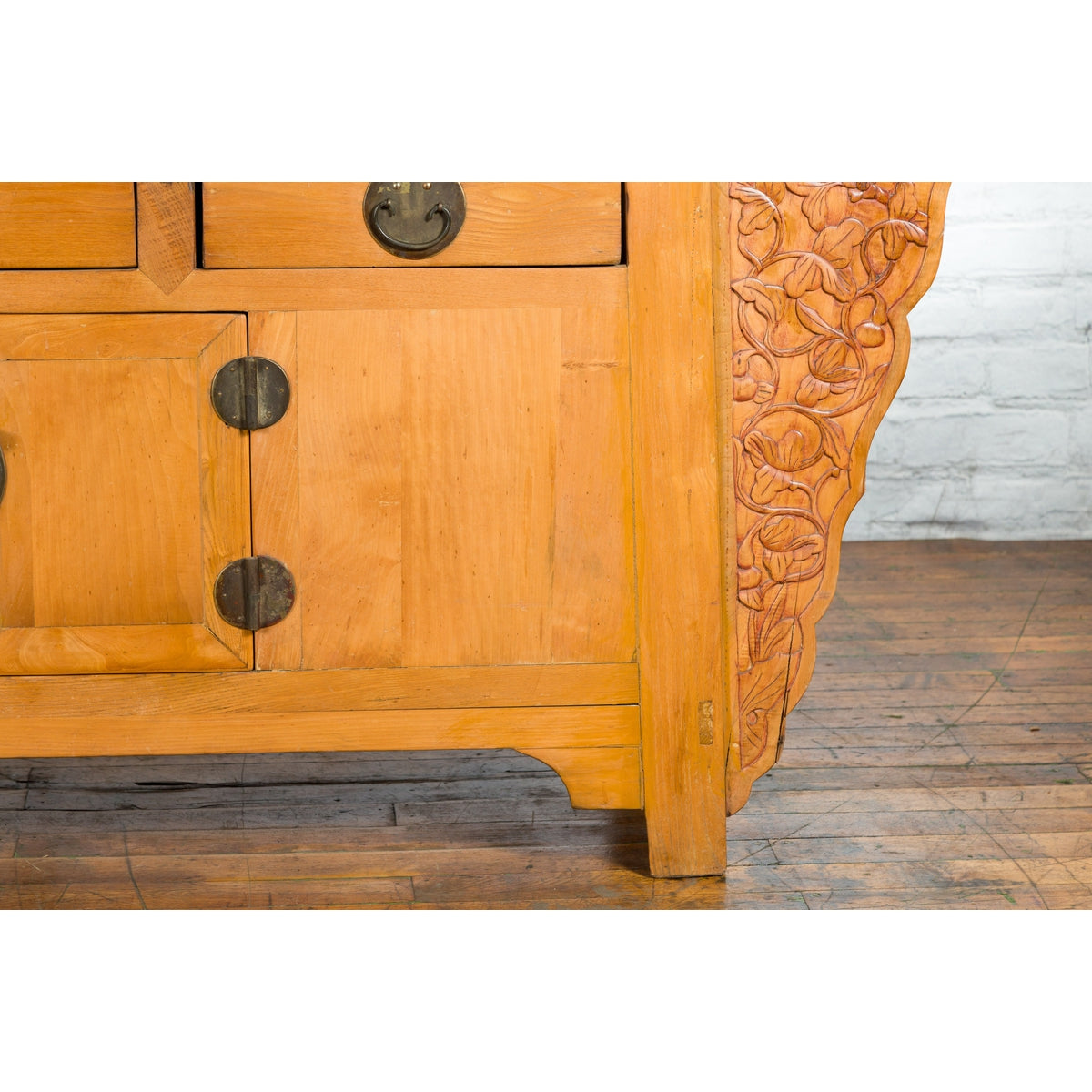 Qing Dynasty 19th Century Natural Wood Sideboard with Large Carved Spandrels-8. Asian &amp; Chinese Furniture, Art, Antiques, Vintage Home Décor for sale at FEA Home