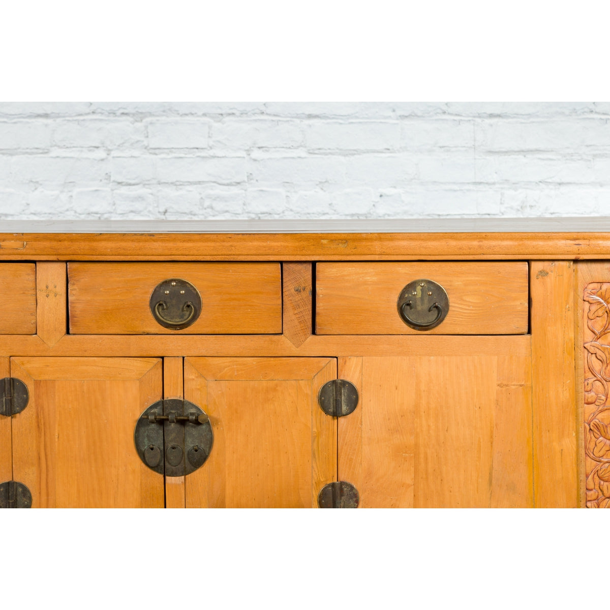 Qing Dynasty 19th Century Natural Wood Sideboard with Large Carved Spandrels-11. Asian &amp; Chinese Furniture, Art, Antiques, Vintage Home Décor for sale at FEA Home