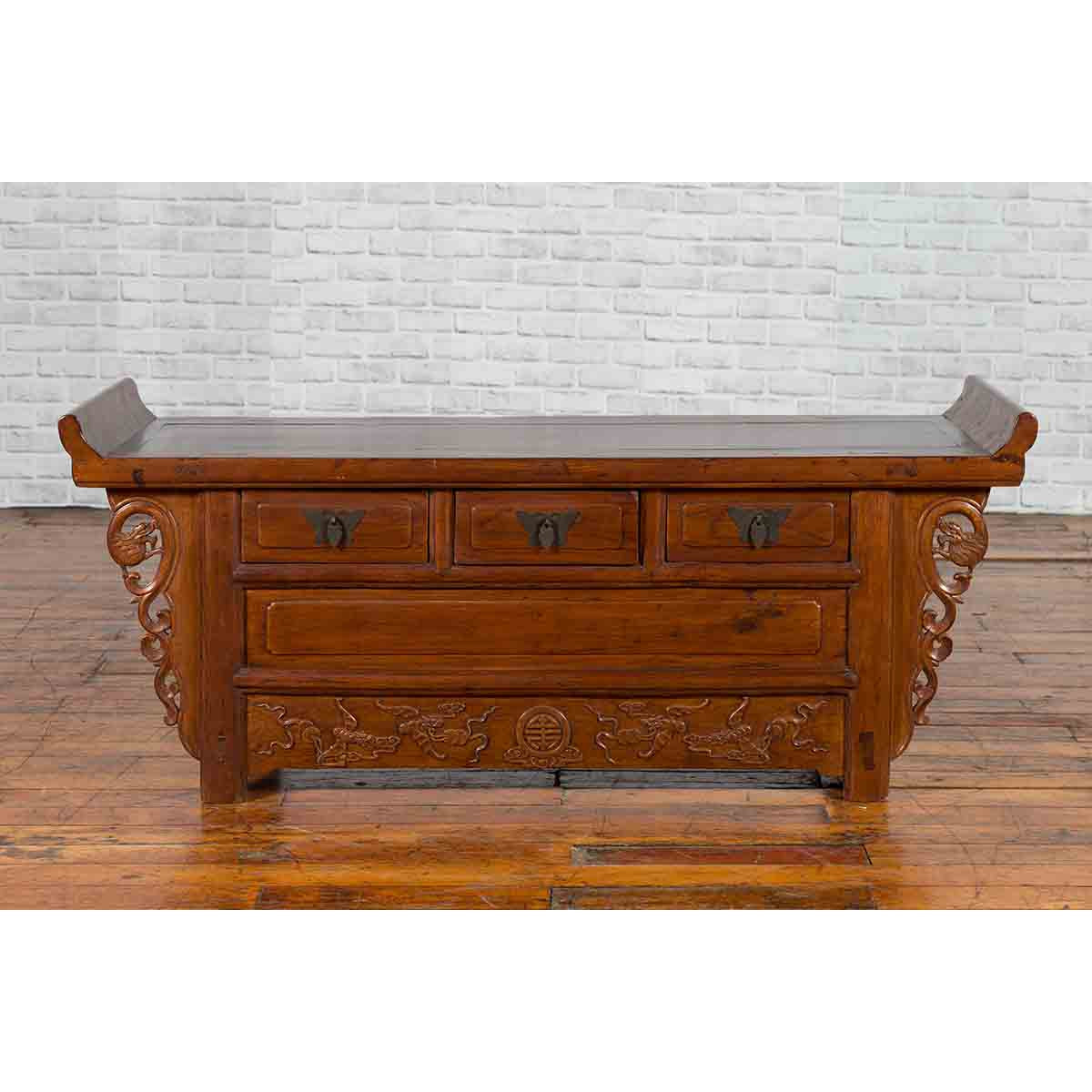 Chinese Elm Three-Drawer Kang Cabinet with Everted Flanges and Carved Spandrels-2. Asian & Chinese Furniture, Art, Antiques, Vintage Home Décor for sale at FEA Home