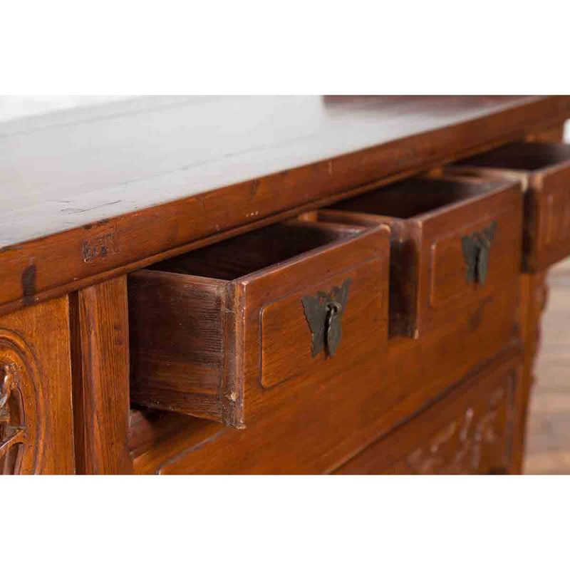 Chinese Elm Three-Drawer Kang Cabinet with Everted Flanges and Carved Spandrels-6. Asian & Chinese Furniture, Art, Antiques, Vintage Home Décor for sale at FEA Home