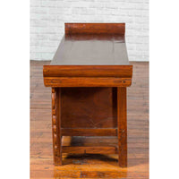 Chinese Elm Three-Drawer Kang Cabinet with Everted Flanges and Carved Spandrels