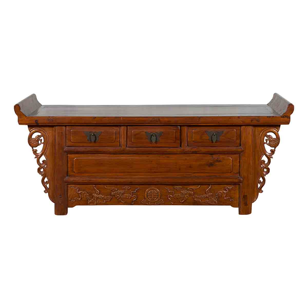 Chinese Elm Three-Drawer Kang Cabinet with Everted Flanges and Carved Spandrels-1. Asian & Chinese Furniture, Art, Antiques, Vintage Home Décor for sale at FEA Home