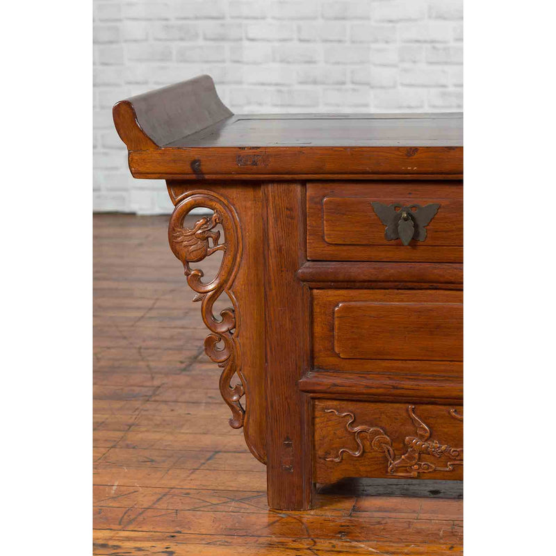 Chinese Elm Three-Drawer Kang Cabinet with Everted Flanges and Carved Spandrels-7. Asian & Chinese Furniture, Art, Antiques, Vintage Home Décor for sale at FEA Home