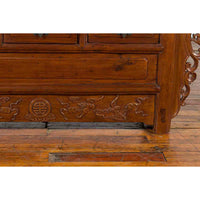 Chinese Elm Three-Drawer Kang Cabinet with Everted Flanges and Carved Spandrels