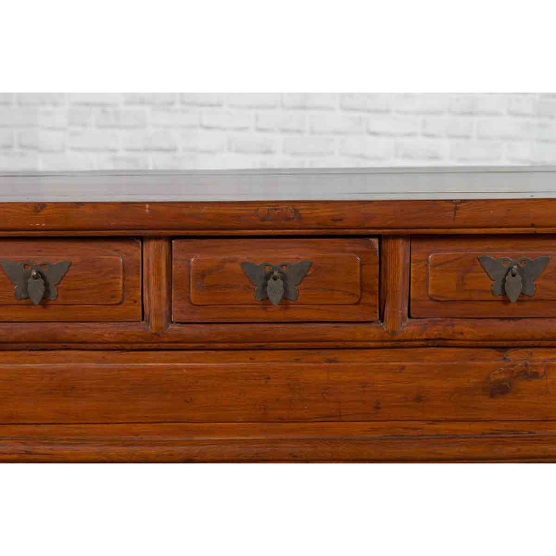 Chinese Elm Three-Drawer Kang Cabinet with Everted Flanges and Carved Spandrels-12. Asian & Chinese Furniture, Art, Antiques, Vintage Home Décor for sale at FEA Home