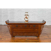 Chinese Elm Three-Drawer Kang Cabinet with Everted Flanges and Carved Spandrels
