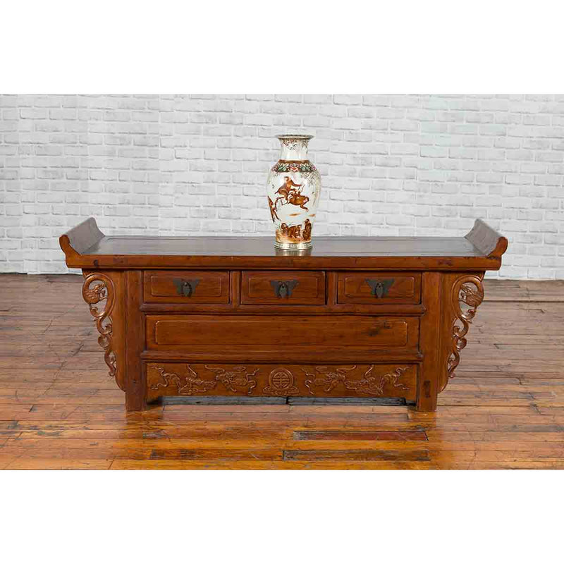 Chinese Elm Three-Drawer Kang Cabinet with Everted Flanges and Carved Spandrels-4. Asian & Chinese Furniture, Art, Antiques, Vintage Home Décor for sale at FEA Home