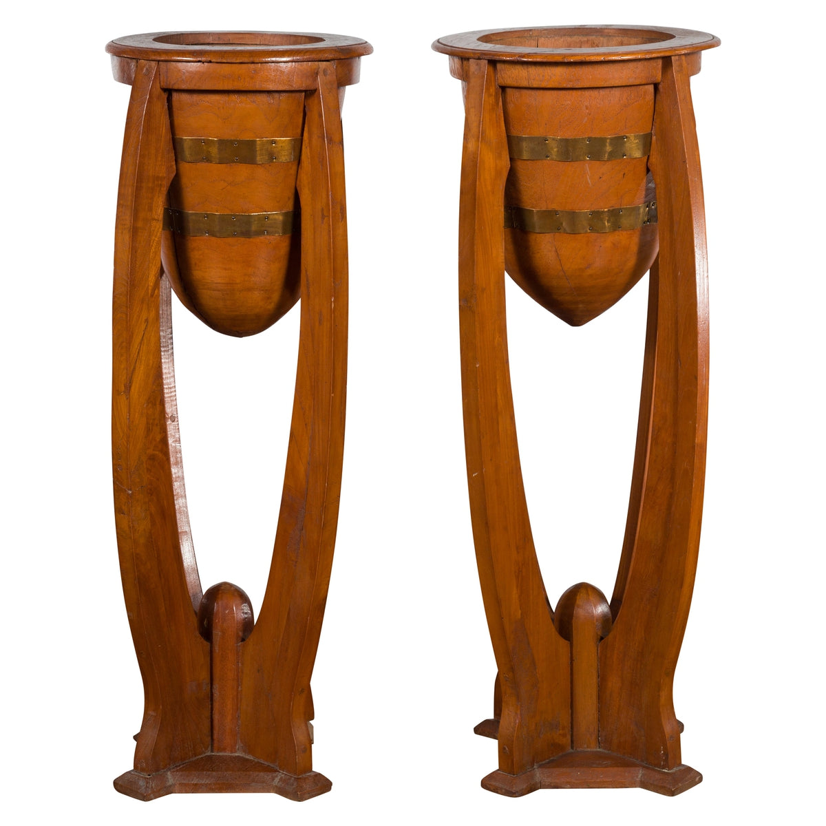 Large Pair of Javanese Art Deco Style Teak Wood Plant Stands with Brass Braces-1. Asian & Chinese Furniture, Art, Antiques, Vintage Home Décor for sale at FEA Home