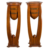 Large Pair of Javanese Art Deco Style Teak Wood Plant Stands with Brass Braces