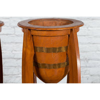 Large Pair of Javanese Art Deco Style Teak Wood Plant Stands with Brass Braces