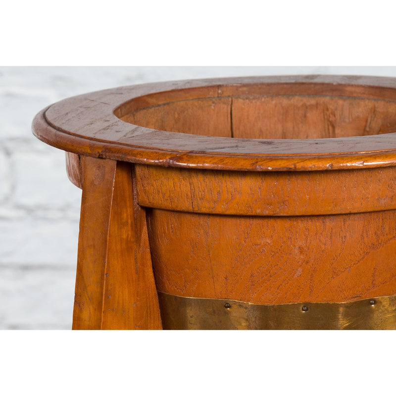 Large Pair of Javanese Art Deco Style Teak Wood Plant Stands with Brass Braces - Antique Chinese and Vintage Asian Furniture for Sale at FEA Home