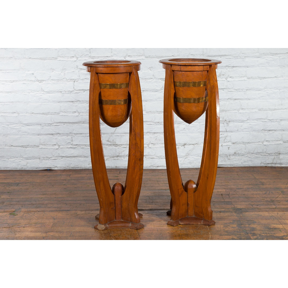 Large Pair of Javanese Art Deco Style Teak Wood Plant Stands with Brass Braces-14. Asian &amp; Chinese Furniture, Art, Antiques, Vintage Home Décor for sale at FEA Home