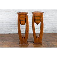Large Pair of Javanese Art Deco Style Teak Wood Plant Stands with Brass Braces