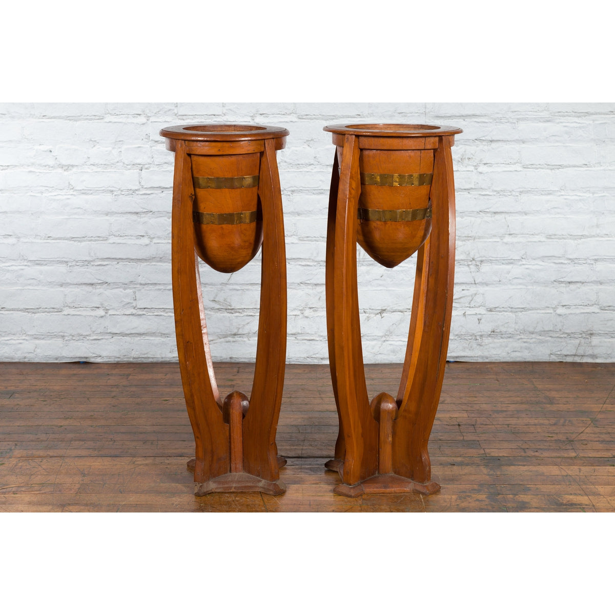 Large Pair of Javanese Art Deco Style Teak Wood Plant Stands with Brass Braces-15. Asian &amp; Chinese Furniture, Art, Antiques, Vintage Home Décor for sale at FEA Home