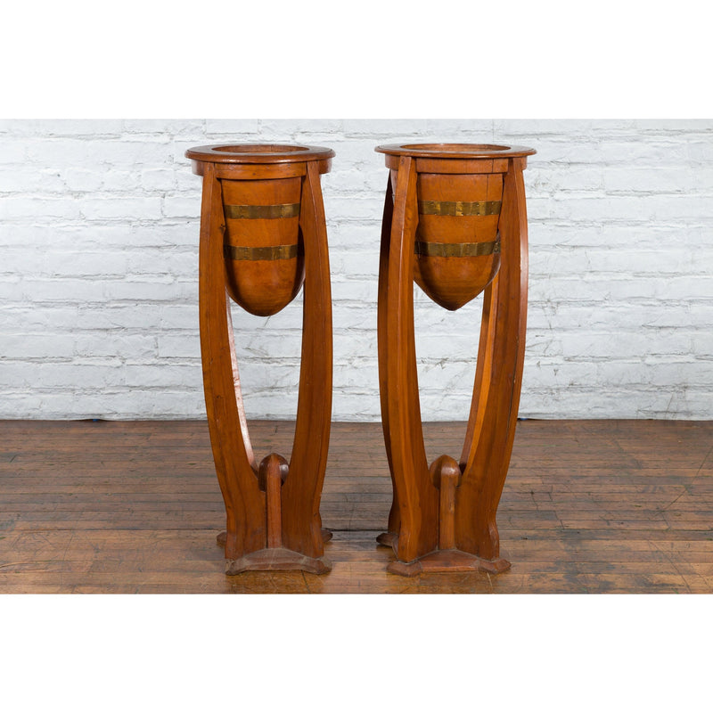 Large Pair of Javanese Art Deco Style Teak Wood Plant Stands with Brass Braces - Antique Chinese and Vintage Asian Furniture for Sale at FEA Home
