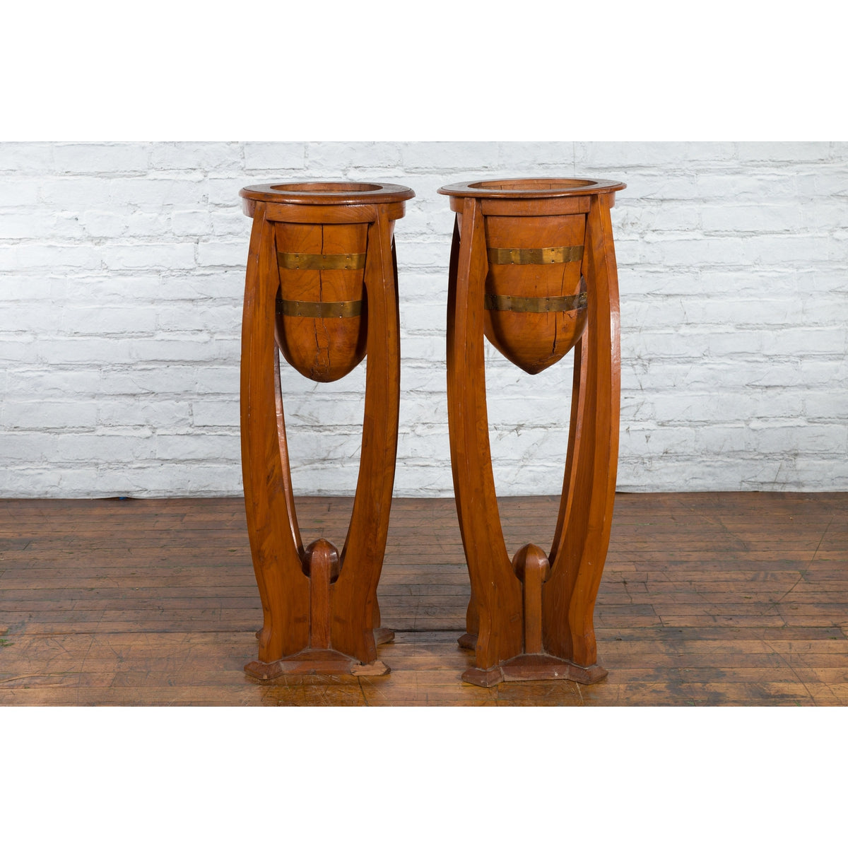 Large Pair of Javanese Art Deco Style Teak Wood Plant Stands with Brass Braces-16. Asian &amp; Chinese Furniture, Art, Antiques, Vintage Home Décor for sale at FEA Home