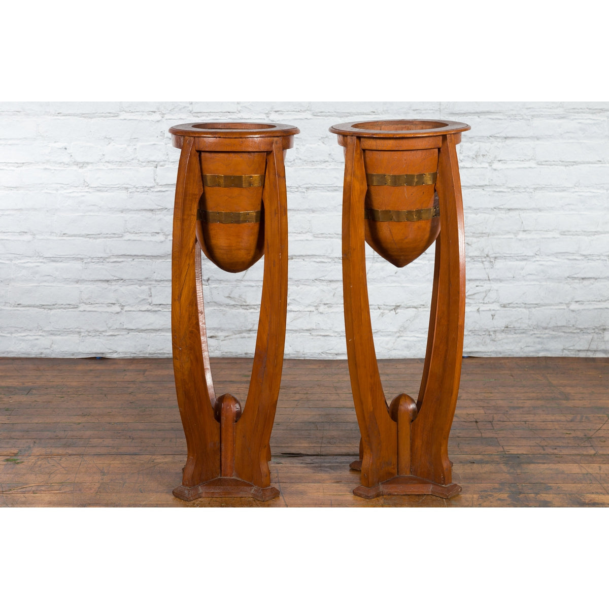 Large Pair of Javanese Art Deco Style Teak Wood Plant Stands with Brass Braces-2. Asian & Chinese Furniture, Art, Antiques, Vintage Home Décor for sale at FEA Home
