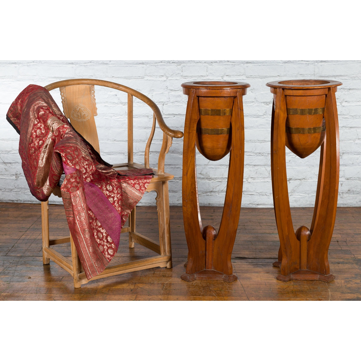 Large Pair of Javanese Art Deco Style Teak Wood Plant Stands with Brass Braces-3. Asian &amp; Chinese Furniture, Art, Antiques, Vintage Home Décor for sale at FEA Home
