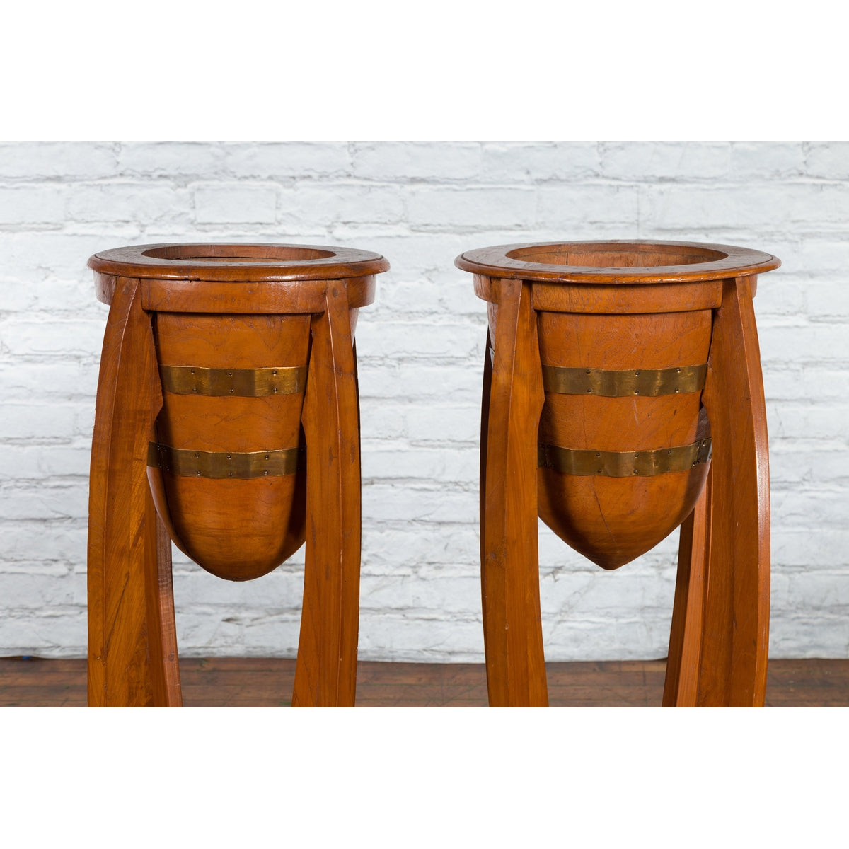 Large Pair of Javanese Art Deco Style Teak Wood Plant Stands with Brass Braces-4. Asian &amp; Chinese Furniture, Art, Antiques, Vintage Home Décor for sale at FEA Home