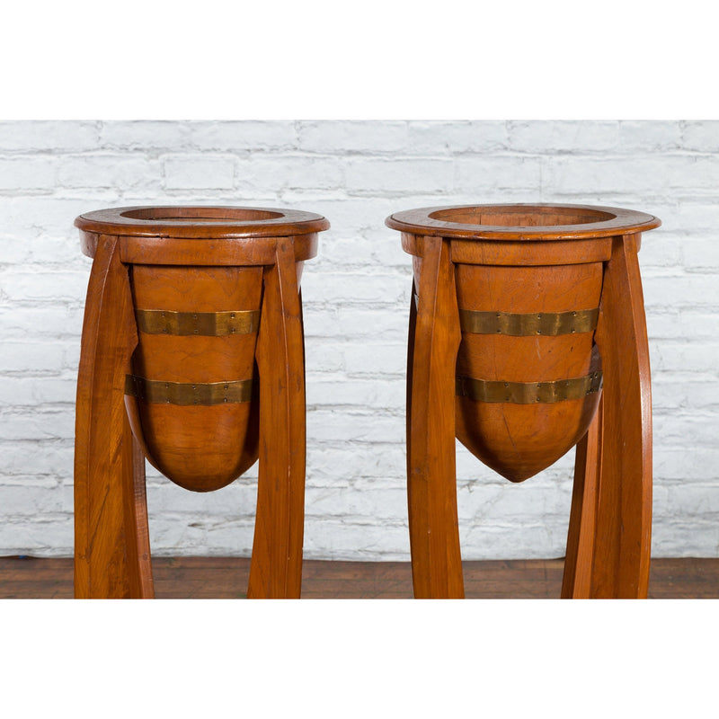 Large Pair of Javanese Art Deco Style Teak Wood Plant Stands with Brass Braces - Antique Chinese and Vintage Asian Furniture for Sale at FEA Home