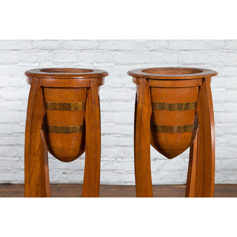 Large Pair of Javanese Art Deco Style Teak Wood Plant Stands with Brass Braces - Antique Chinese and Vintage Asian Furniture for Sale at FEA Home