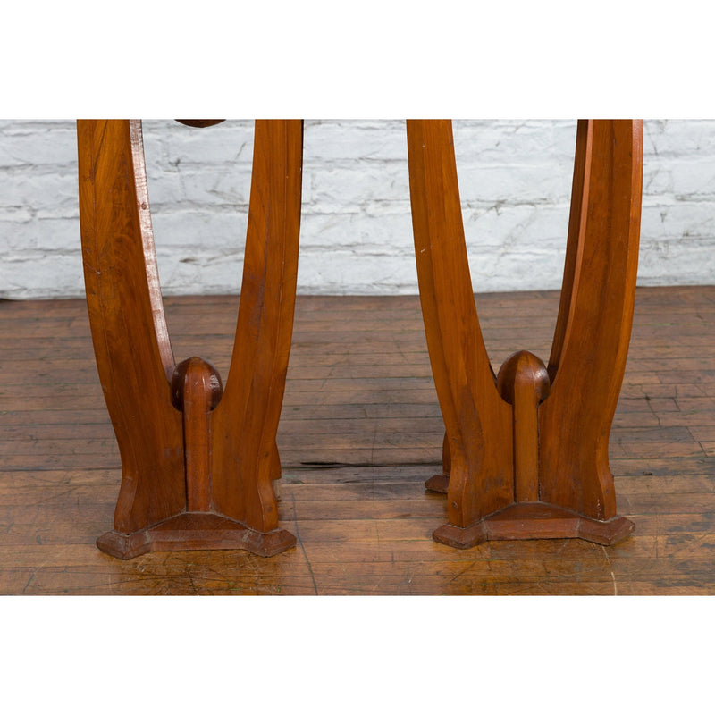 Large Pair of Javanese Art Deco Style Teak Wood Plant Stands with Brass Braces - Antique Chinese and Vintage Asian Furniture for Sale at FEA Home